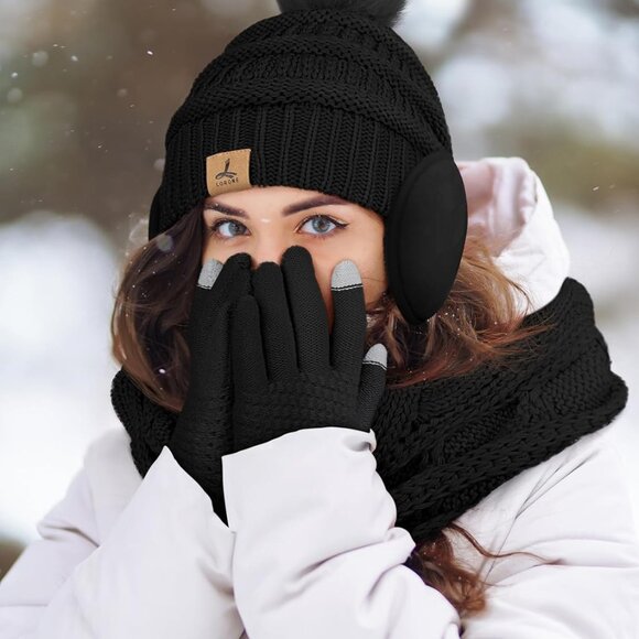 Winter Hat Scarf Gloves and Ear Warmer, Warm Knit Beanie Hat Touch Screen Gloves - Picture 6 of 7